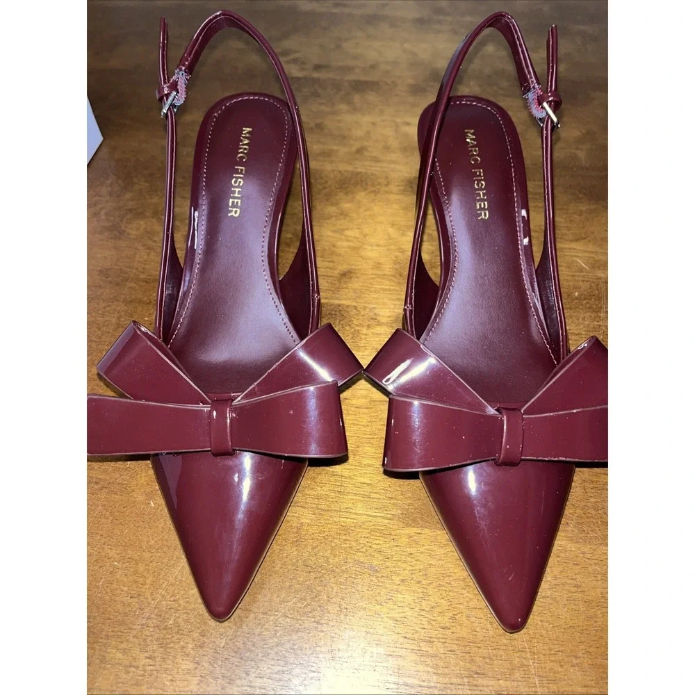 Marc Fisher Dark Red Allon Sling Back Kitten Heels Sz 6.5M W/Bow Coquette New